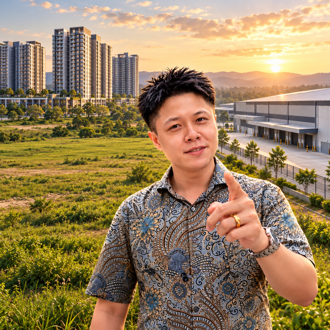 Bryant Ong 个人品牌封面，地皮、工厂与公寓为合成背景